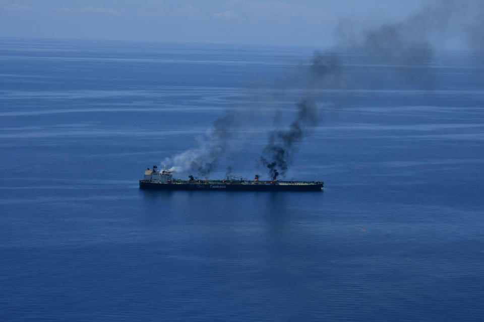 FILE PHOTO: Flames and smoke rise from the Greek-flagged oil tanker Sounion in the Red Sea, August 25, 2024. Yemen's Houthis say they attacked Sounion in the Red Sea. /Hanout via REUTERS/File Photo